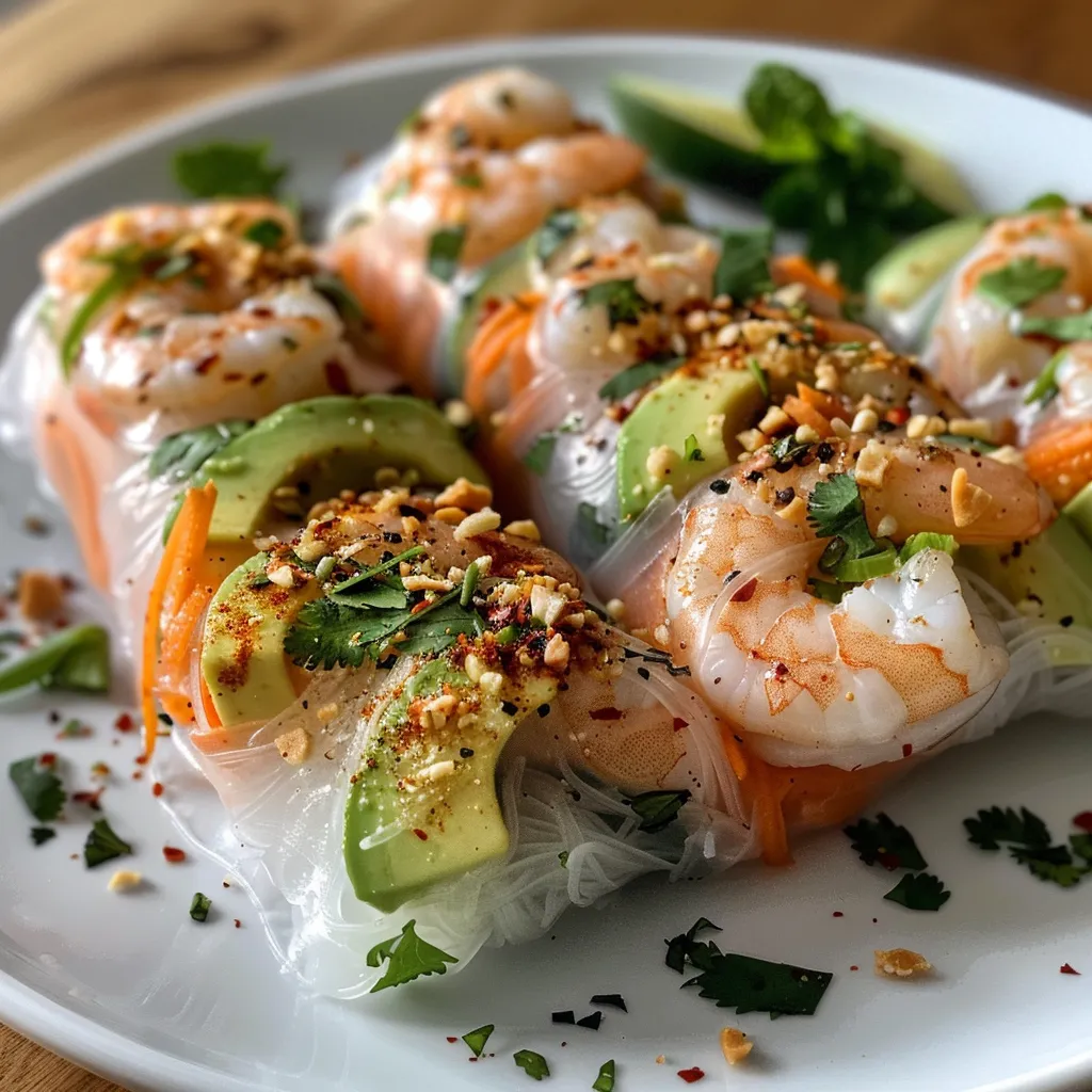 Side view of shrimp rolls featuring shrimp, cucumber, and avocado in rice paper.