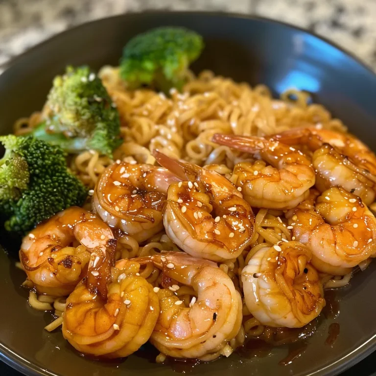 Close-up view of a vibrant shrimp teriyaki noodle bowl with broccoli and sesame seeds.