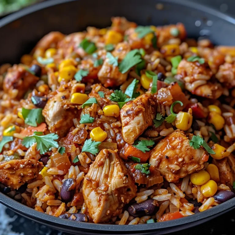 One-Pan Wonder Smoky Chipotle BBQ Chicken and Rice for Effortless Weeknight Dinners Close-up view of Smoky Chipotle BBQ Chicken and Rice Skillet highlighting juicy chicken pieces and vibrant ingredients.
