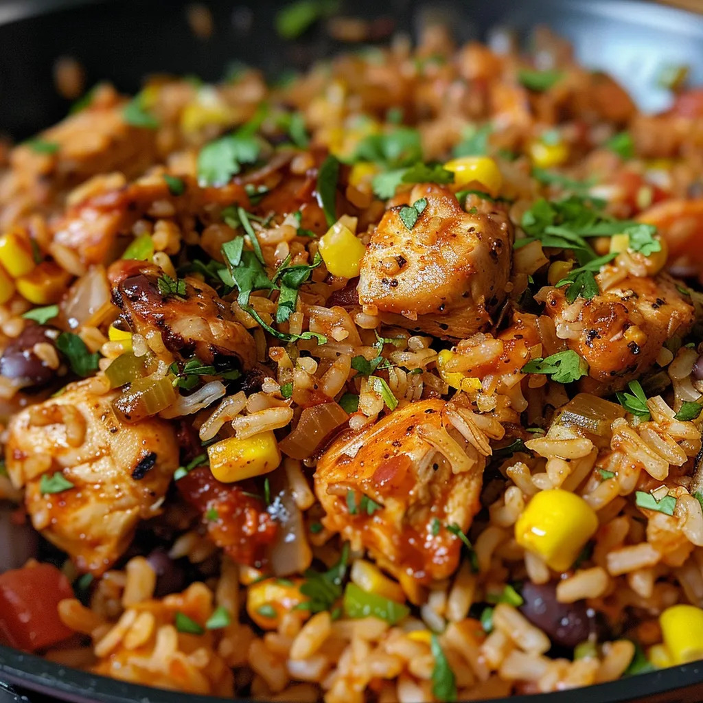Side angle of a skillet filled with Smoky Chipotle BBQ Chicken and rice, garnished with cilantro.