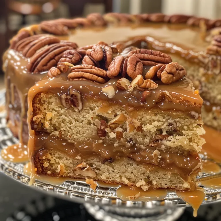 Close-up side view of a moist Southern Pecan Caramel Cake topped with a glossy caramel glaze and toasted pecans.