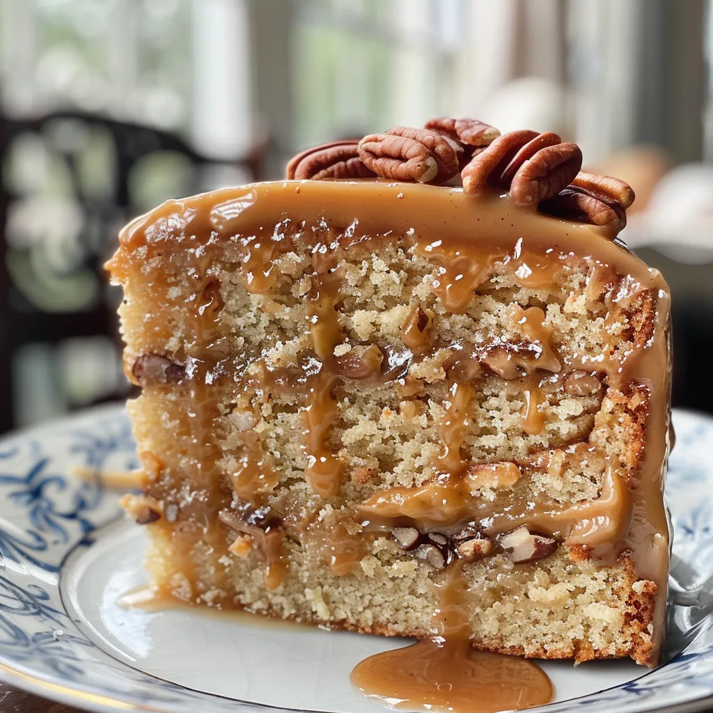 A slice of Southern Pecan Caramel Cake showcasing layers of caramel and chopped pecans against a wooden background.