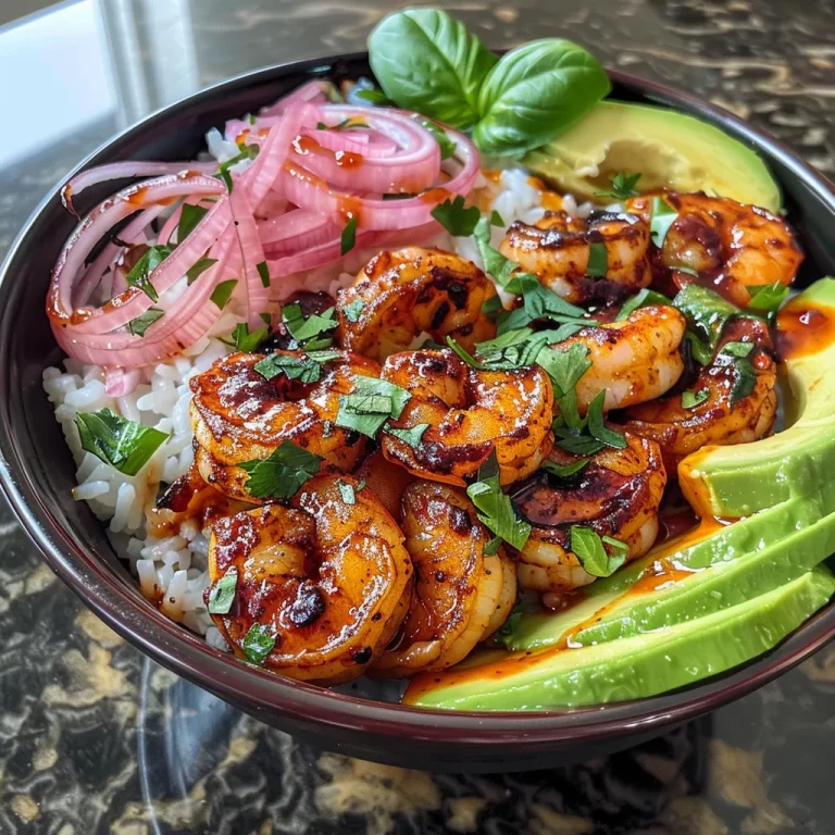 Close-up view of a spicy BBQ shrimp rice bowl with vibrant colors and fresh ingredients.