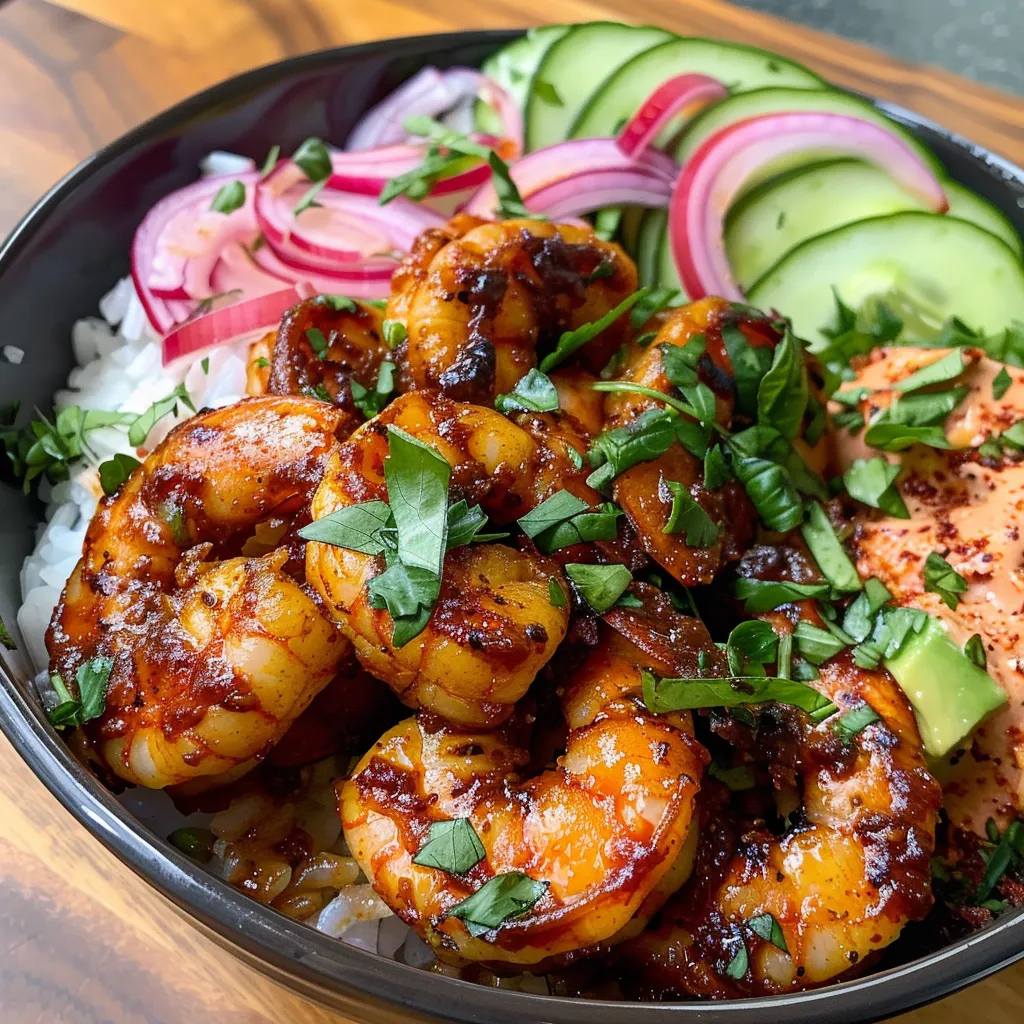 Juicy shrimp coated in BBQ sauce on a bed of rice, garnished with cucumbers and avocado slices.