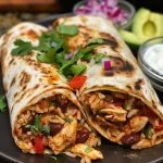 Juicy Spicy Chicken Burritos wrapped in flour tortillas with colorful toppings.