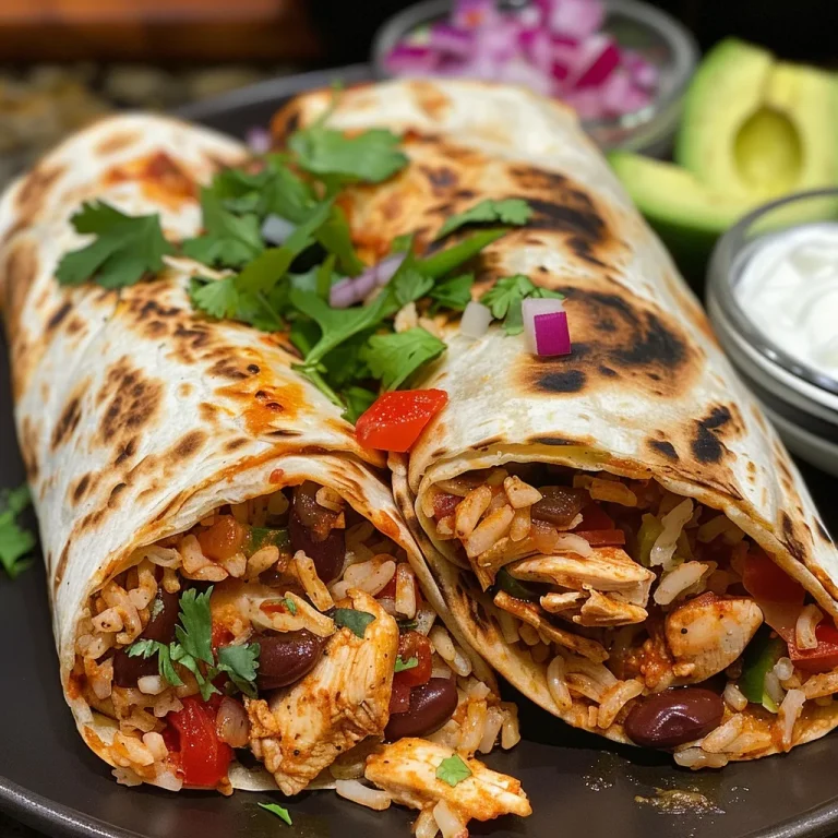 Juicy Spicy Chicken Burritos wrapped in flour tortillas with colorful toppings.