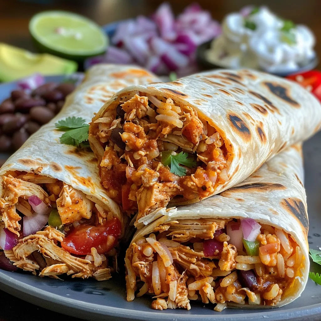 Close-up of Spicy Chicken Burritos filled with chicken, rice, beans, and fresh toppings.