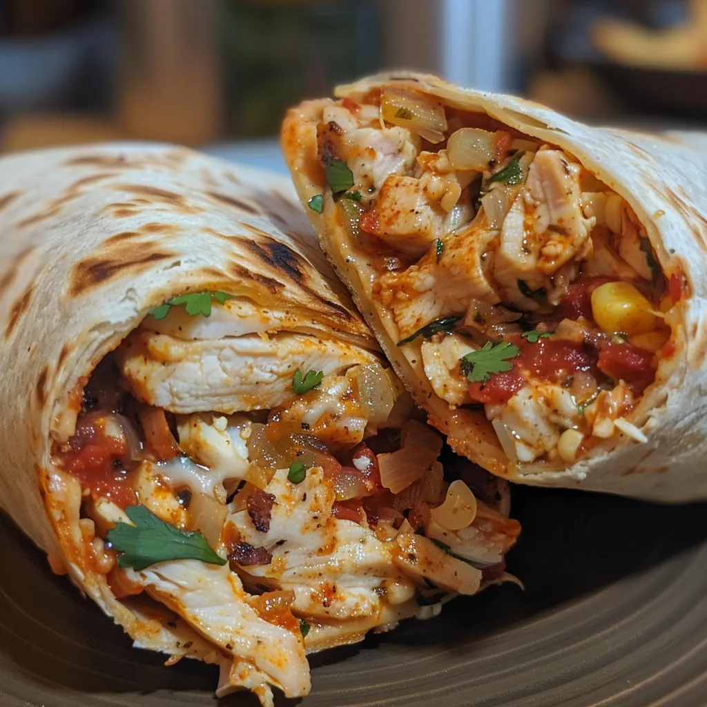 Close-up view of a Spicy Chipotle Ranch Chicken Burrito filled with vibrant ingredients.