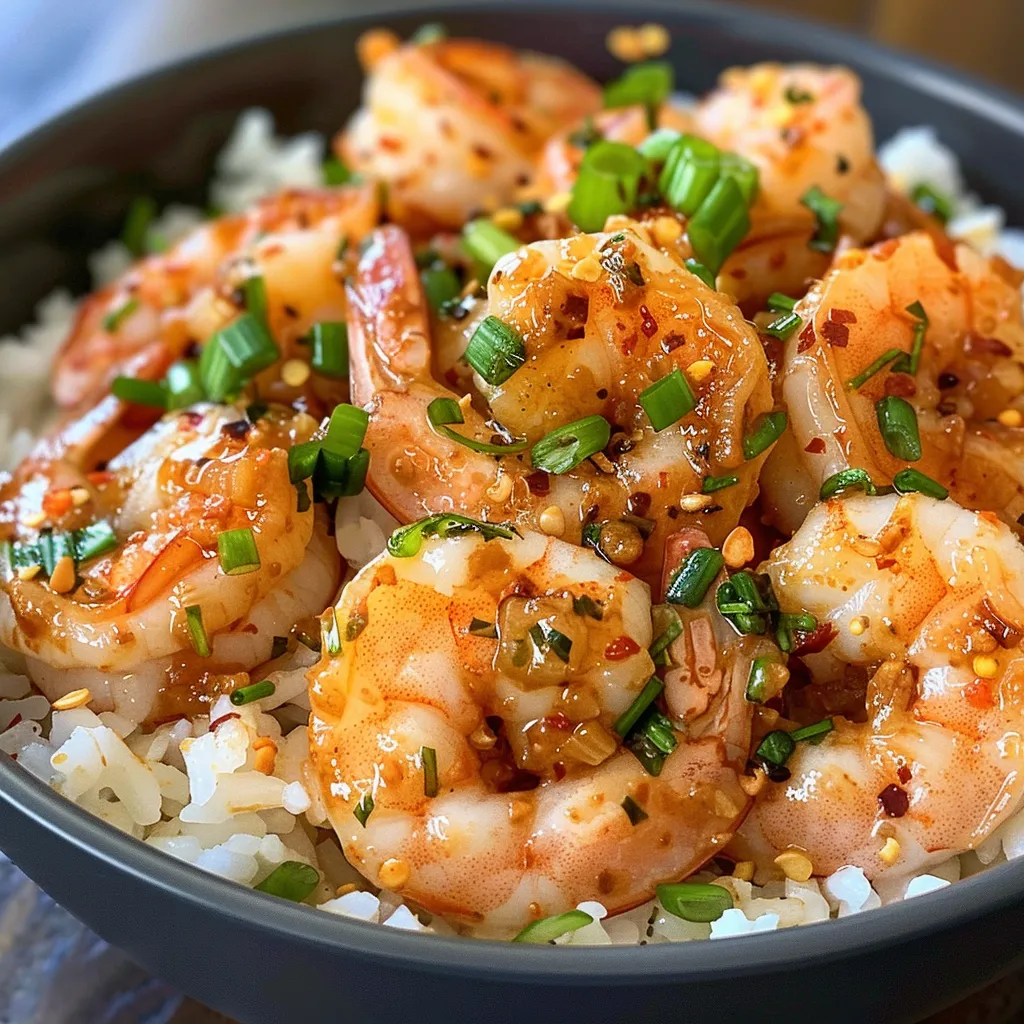 A vibrant rice bowl filled with shrimp, garlic butter sauce, and topped with green onions and parsley, captured in detail.