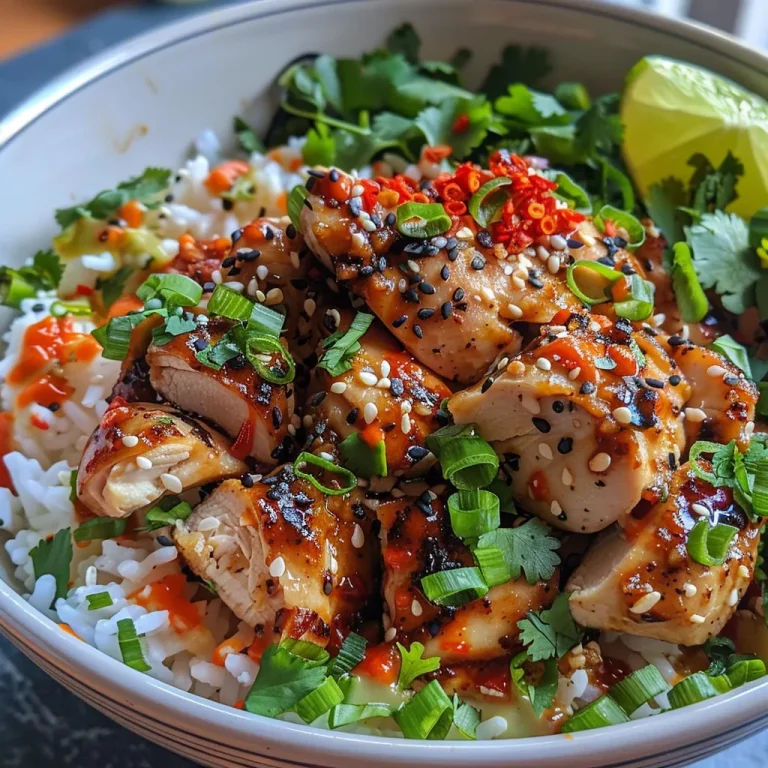 Savor the Simplicity Spicy Garlic Chicken Rice Bowls with Creamy Chili Sauce A close-up view of a rice bowl featuring spicy garlic chicken, garnished with green onions and cilantro.