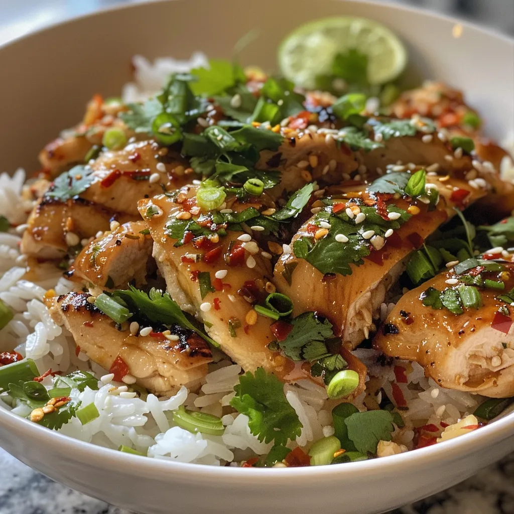 Juicy spicy garlic chicken served over jasmine rice, with a creamy chili sauce drizzled on top.