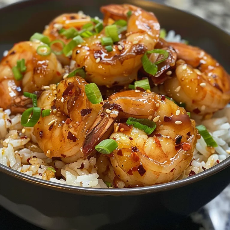 A colorful Spicy Honey Garlic Shrimp Bowl featuring shrimp, rice, and green onions.