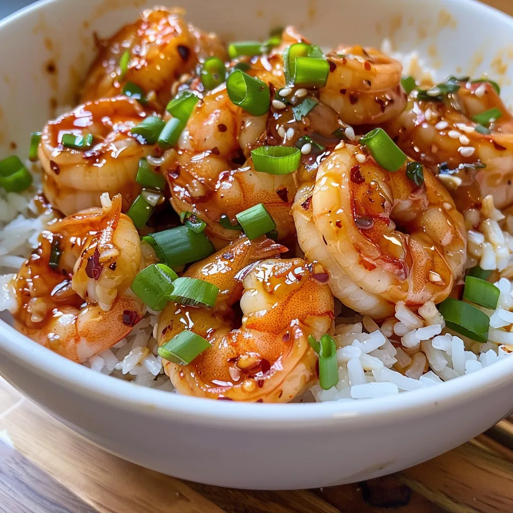 Close-up view of a delicious bowl filled with shrimp, jasmine rice, and garnished with green onions.