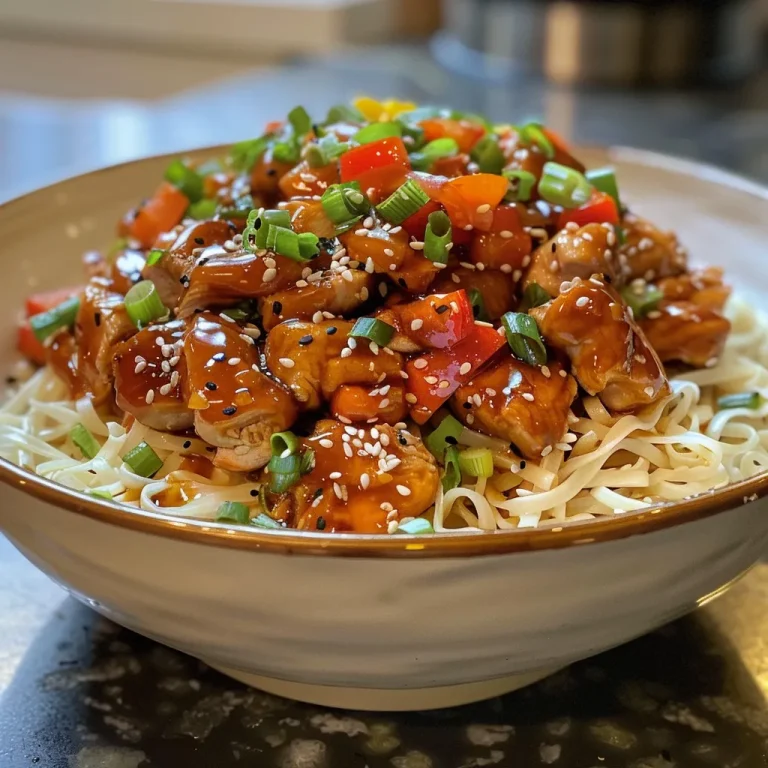 Close-up of Spicy Honey Sriracha Chicken with noodles and colorful vegetables.