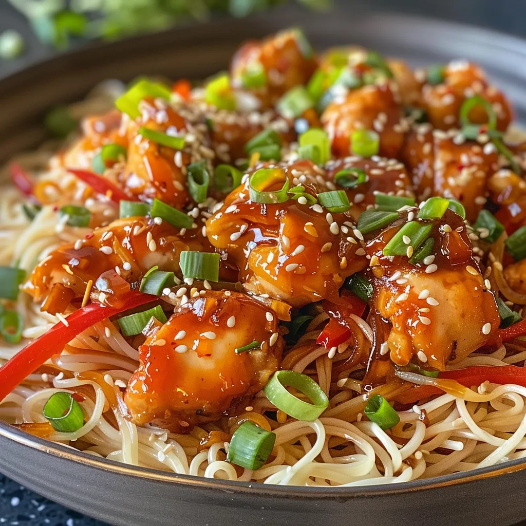 Juicy chicken thighs coated in a spicy honey sauce, served with rice noodles.