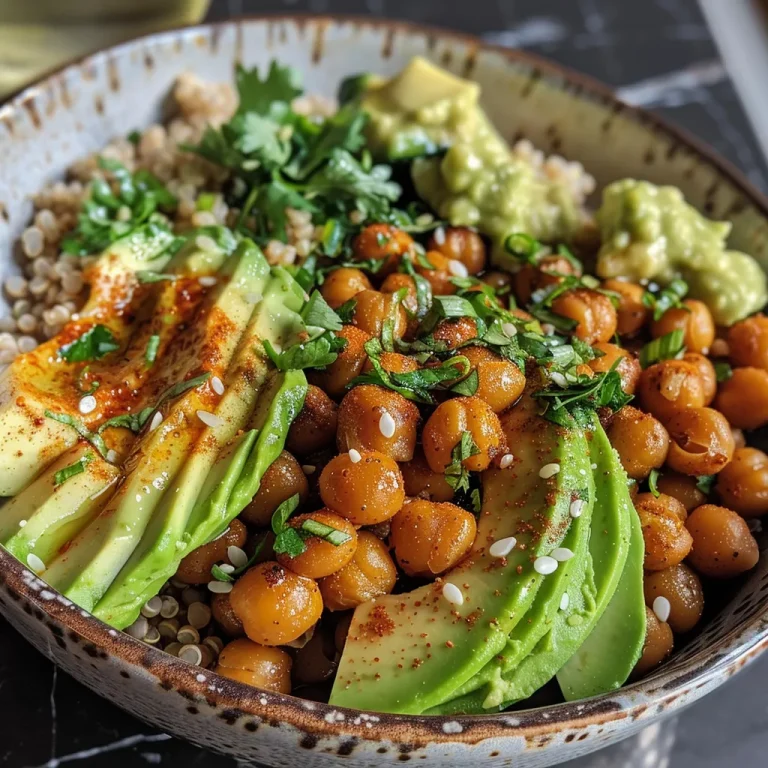 A close-up side view of a Spicy Roasted Chickpea and Avocado Bowl, showcasing roasted chickpeas and sliced avocados over quinoa.