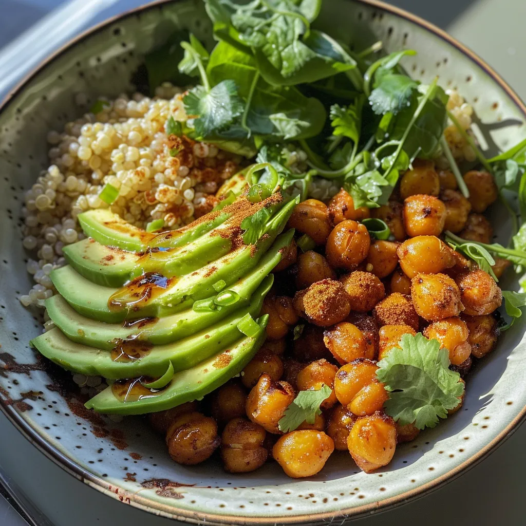 A colorful bowl filled with spicy roasted chickpeas, sliced avocados, and quinoa, captured in natural light.