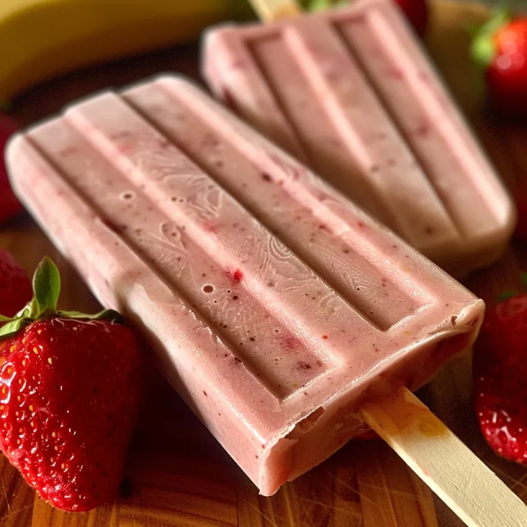 Close-up of strawberry banana popsicles with vibrant colors.