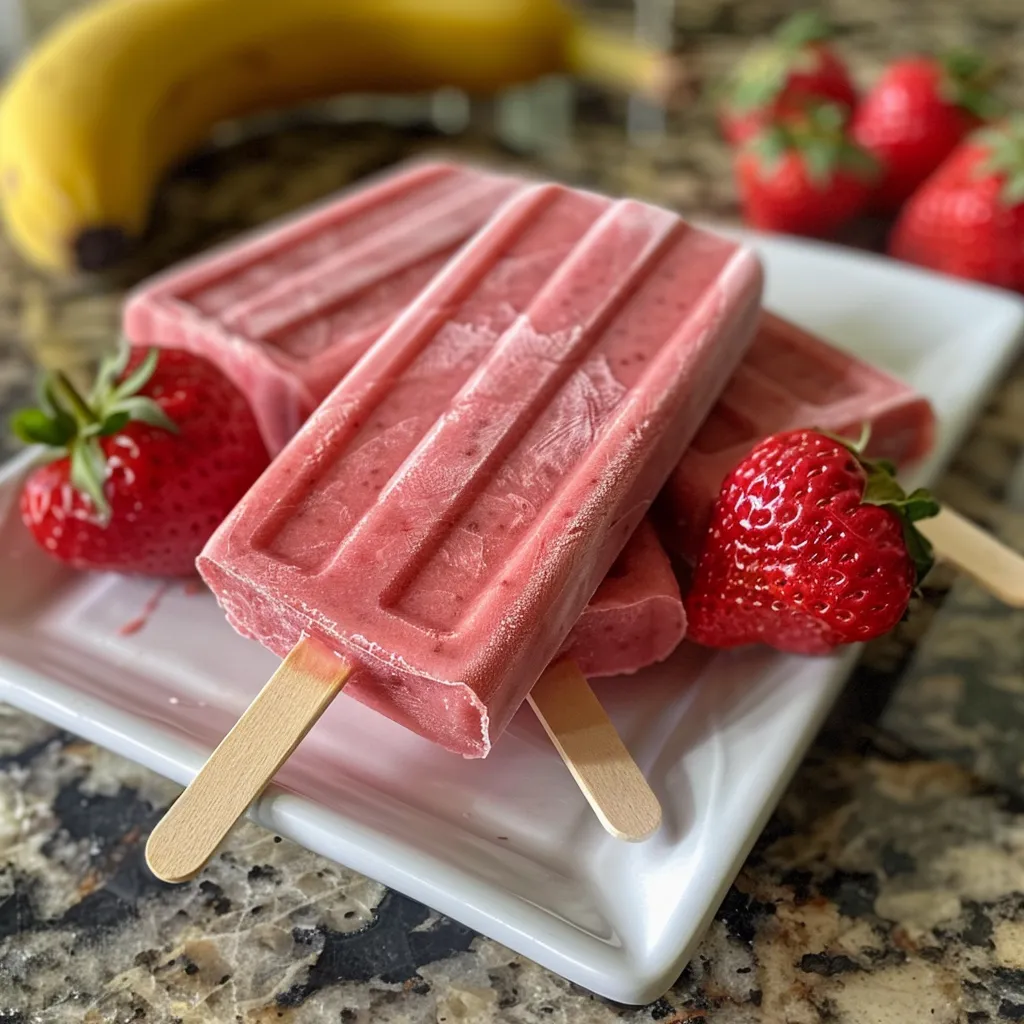 Side view of popsicles showcasing layers of strawberries and bananas.