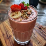 Close-up side view of a creamy strawberry banana smoothie in a glass, topped with fresh fruit.