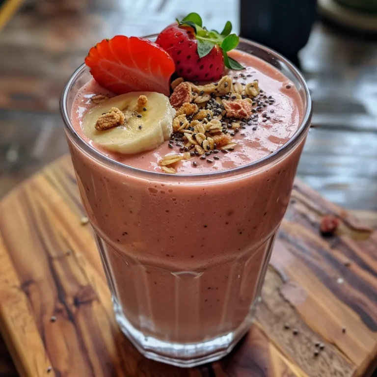 Close-up side view of a creamy strawberry banana smoothie in a glass, topped with fresh fruit.