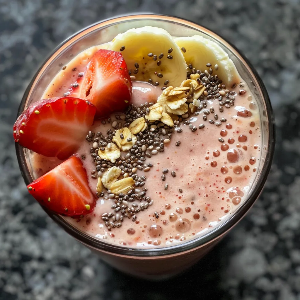Juicy strawberry banana smoothie with vibrant colors, shown in a glass with ice on a wooden table.