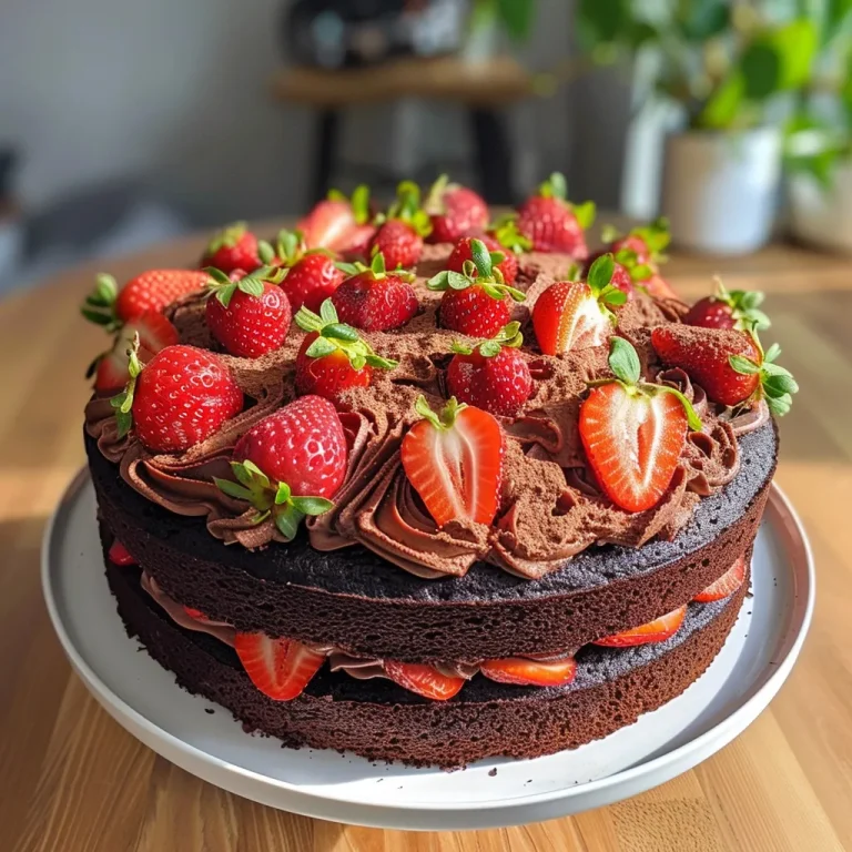 A side view of a moist Strawberry Chocolate Cake with fresh strawberries on top.