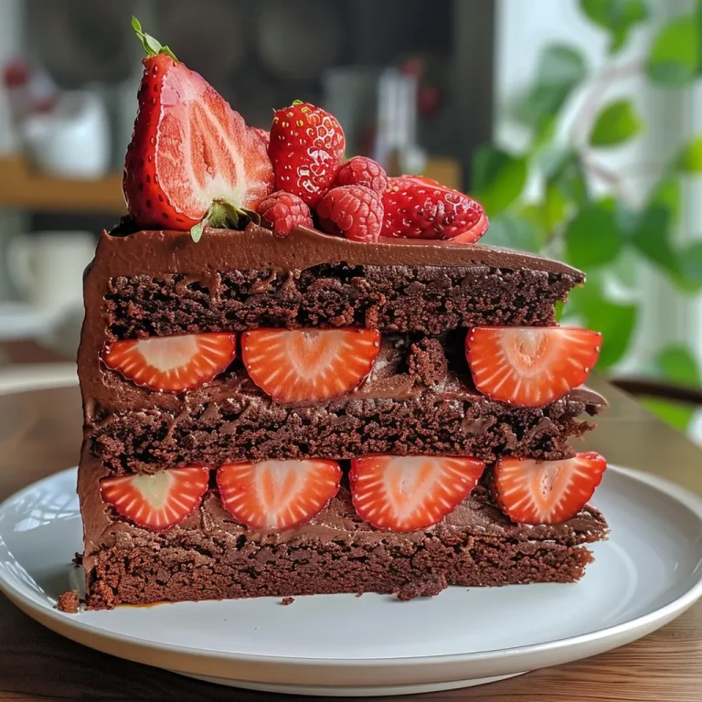 Whip Up a Delight The Joy of Strawberry Chocolate Cake Made Easy A side view of a luscious strawberry chocolate cake, showcasing its layers and fresh strawberry decoration.