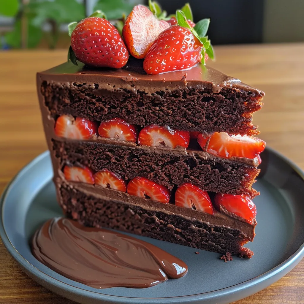 Close-up of a decadent strawberry chocolate cake topped with halved strawberries and creamy frosting.