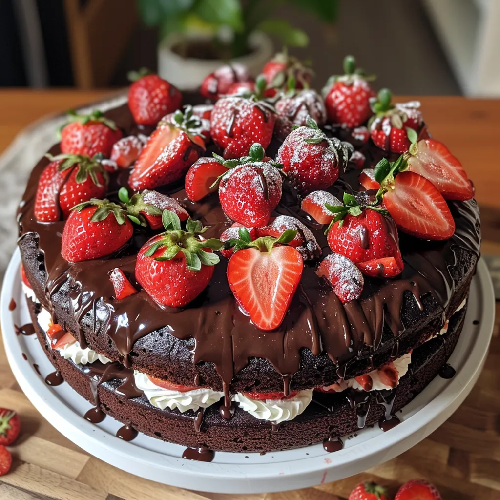 Close-up of a delectable Strawberry Chocolate Cake, showcasing its rich layers and strawberry decoration.