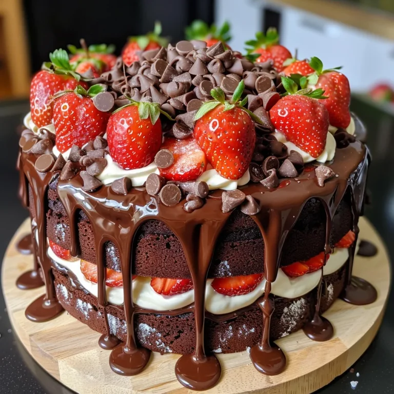 Close-up view of a luscious Strawberry Chocolate Drip Cake, featuring chocolate ganache drips and fresh strawberries.
