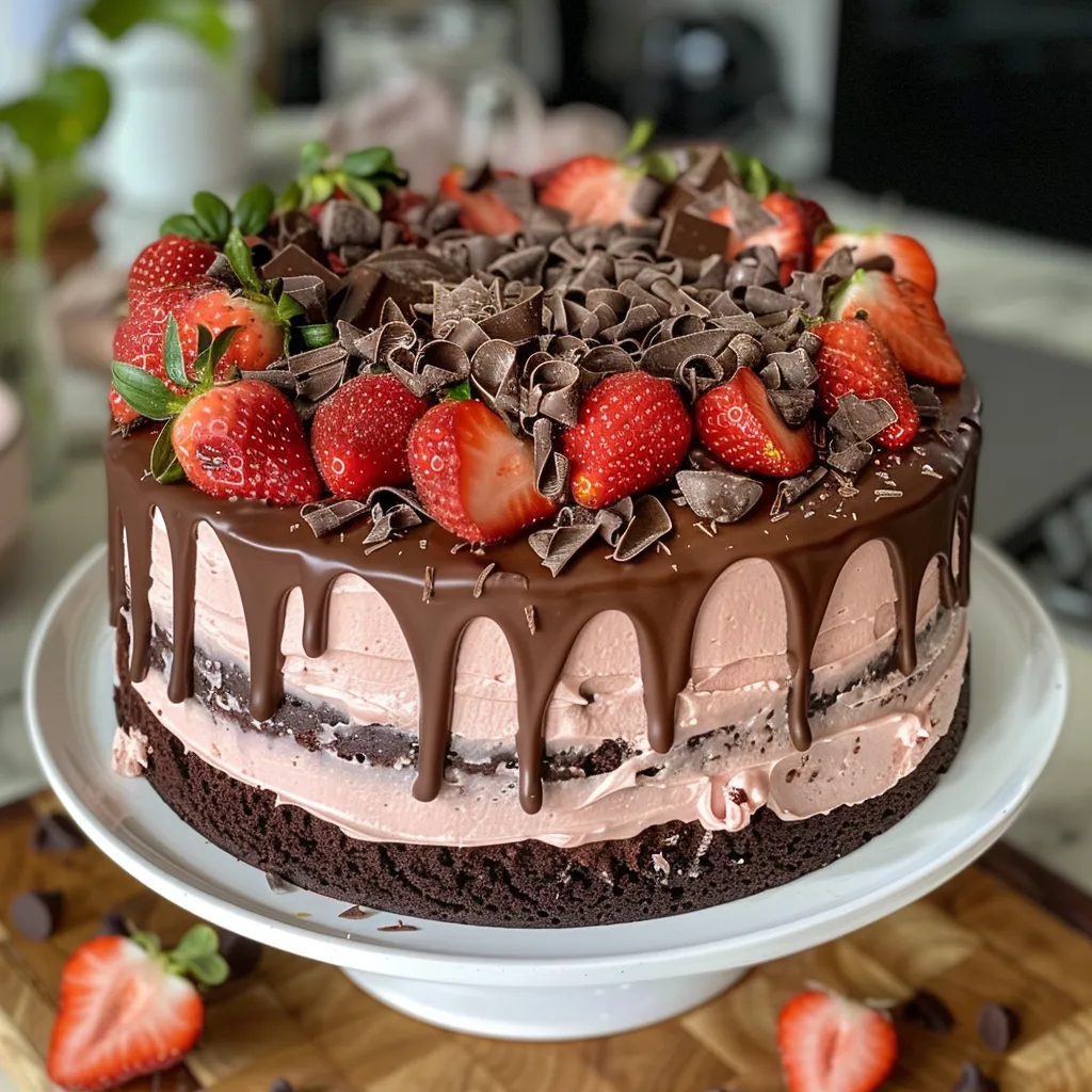 Side view of a decadent Strawberry Chocolate Drip Cake adorned with chocolate curls and juicy strawberry halves.