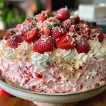 A close-up side view of a moist Strawberry Coconut Cake topped with fresh strawberries and coconut flakes.