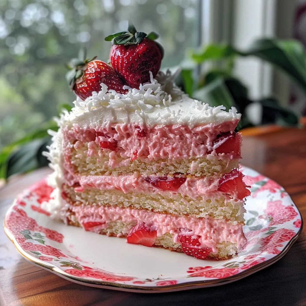 A detailed side image of a Strawberry Coconut Cake showcasing its layers and creamy frosting with strawberry garnishes.