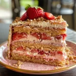 Side view of a strawberry cake with crunchy layers, showcasing fresh strawberries and cream.