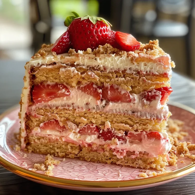 Savoring Sweet Simplicity Your Guide to a Strawberry Crunchy Layer Cake Side view of a strawberry cake with crunchy layers, showcasing fresh strawberries and cream.