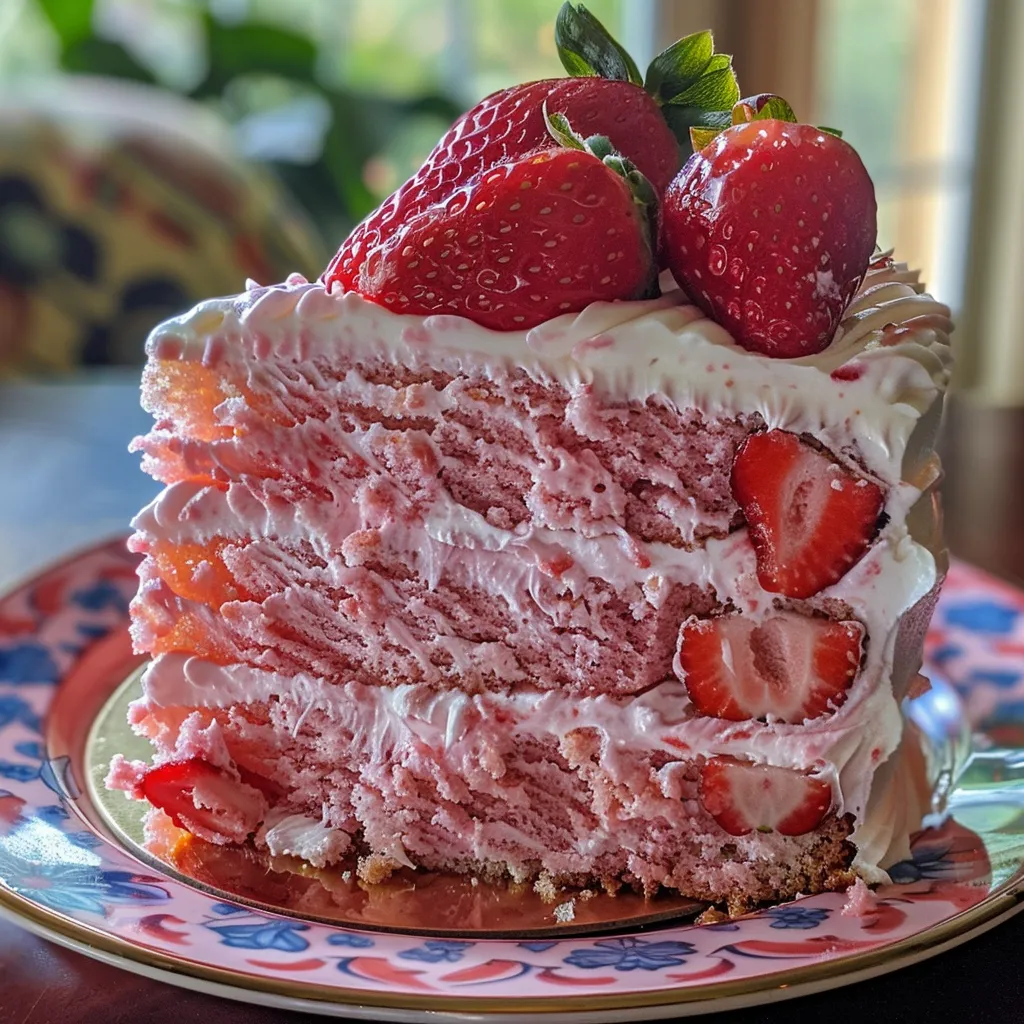Close-up of a layered strawberry cake from the side, highlighting its texture and vibrant colors.