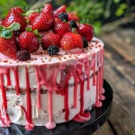 Close-up side view of a strawberry drip cake with vibrant red strawberries and a glossy glaze.