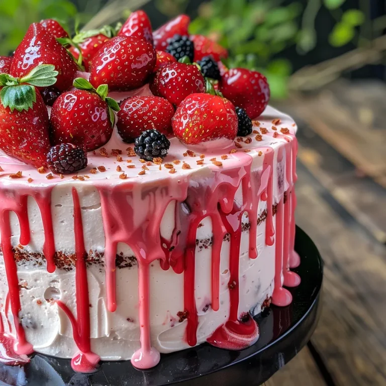 Close-up side view of a strawberry drip cake with vibrant red strawberries and a glossy glaze.
