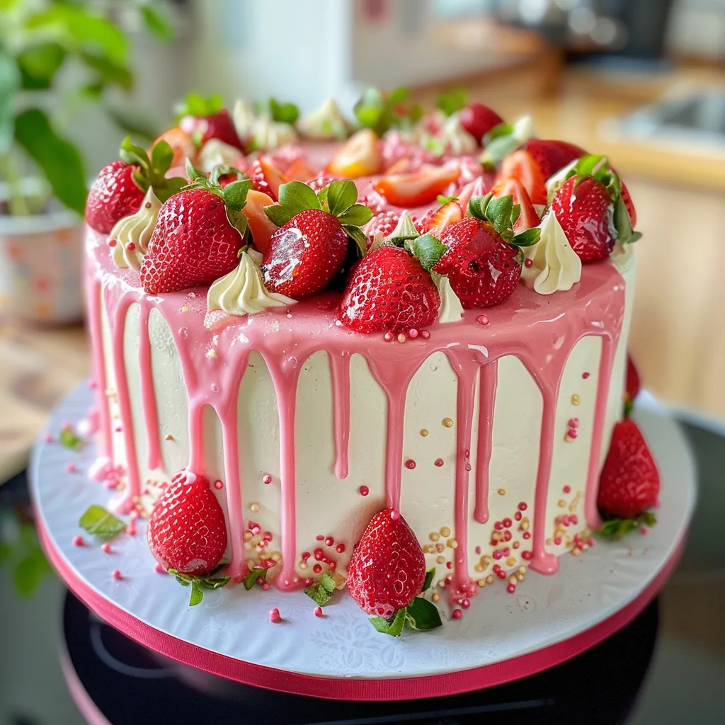 A luscious strawberry drip cake with real fruit filling, showcasing a side angle view and appetizing drips.