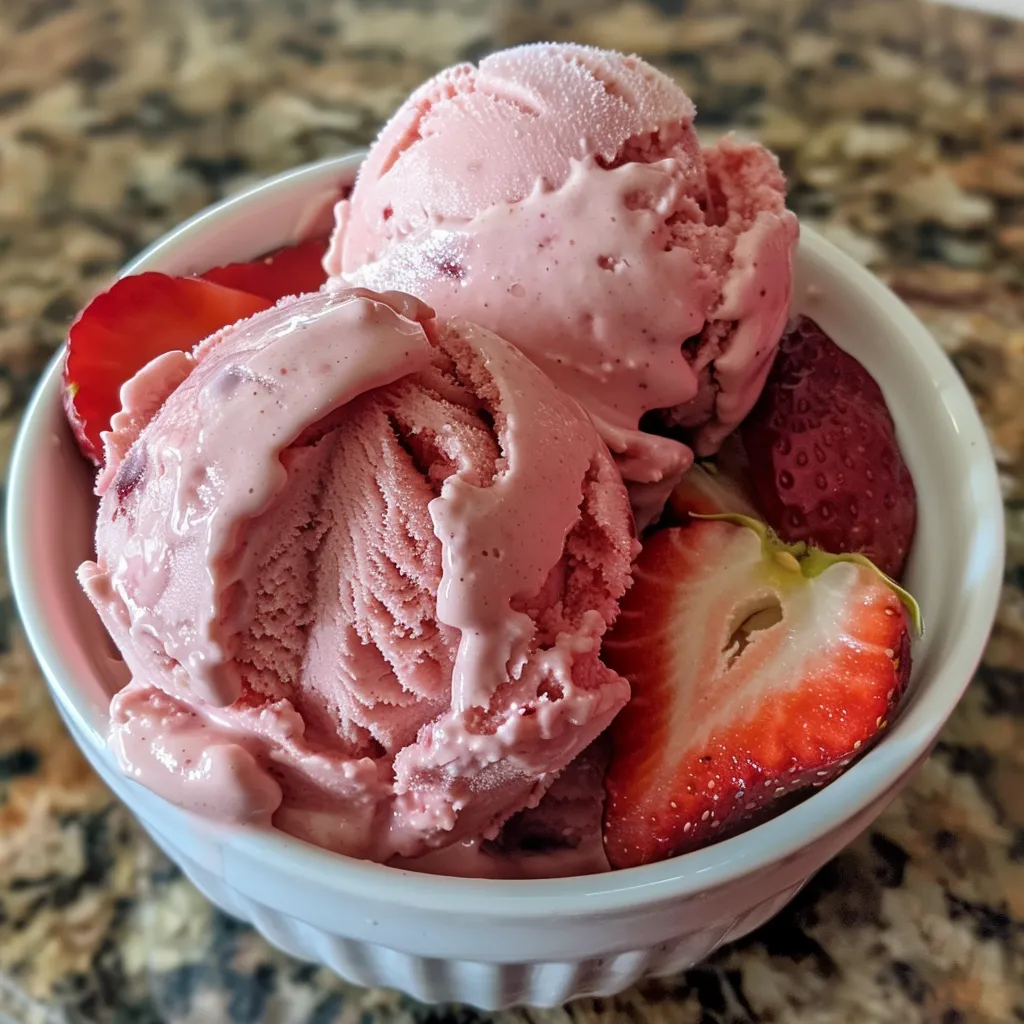 Side view of strawberry frozen yogurt in a cup, showcasing the smooth texture and vibrant color.