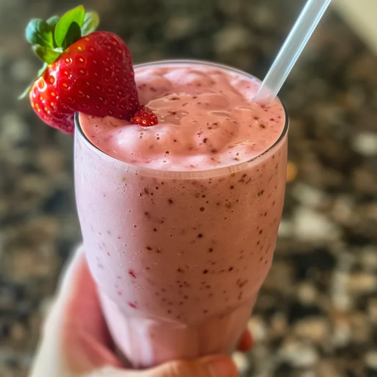 Close up of a vibrant Strawberry Greek Yogurt Smoothie in a glass.
