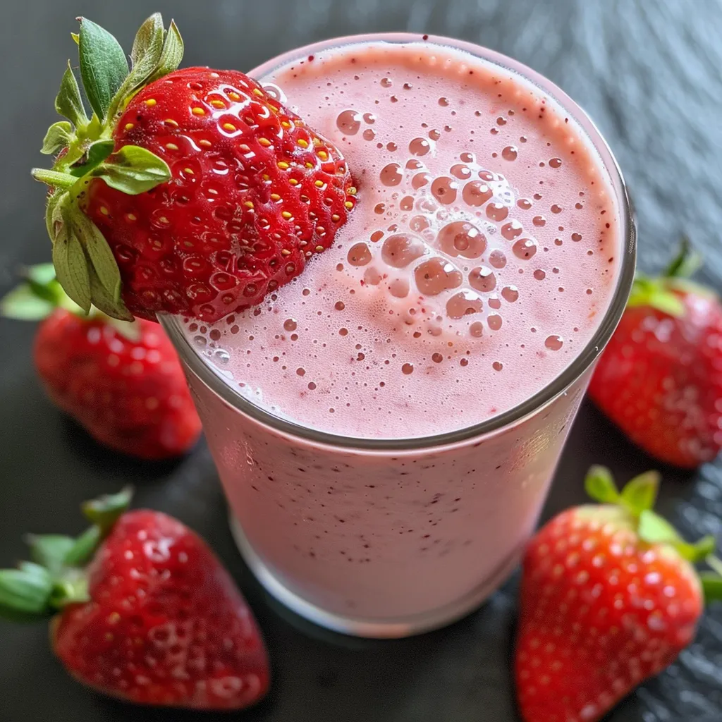 Side view of a refreshing Strawberry Greek Yogurt Smoothie with strawberries.