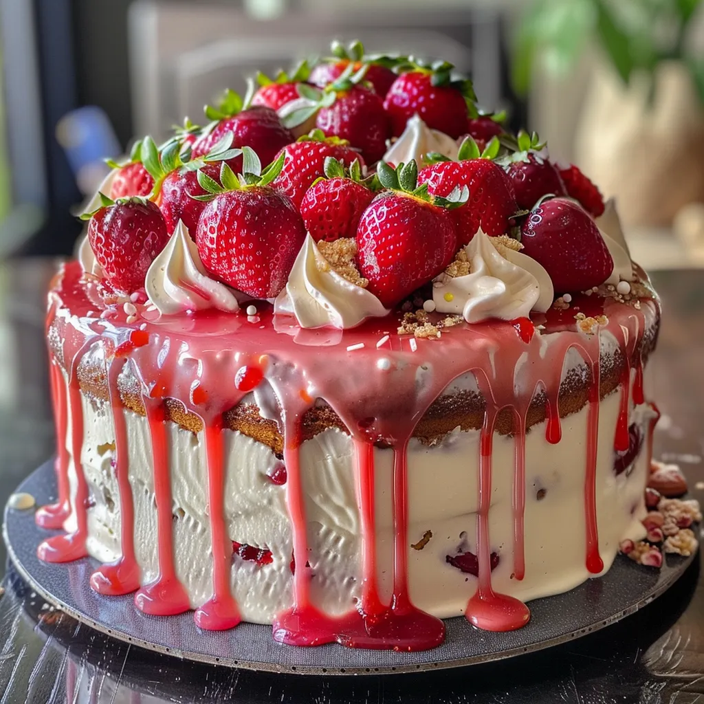 Close-up of a beautifully decorated strawberry jam drip cake showcasing vibrant pink and white icing.