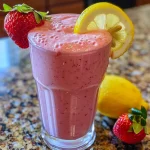 Close-up view of a vibrant strawberry lemonade protein smoothie in a glass, garnished with fresh strawberries.