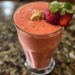 Close-up view of a vibrant strawberry mango smoothie in a clear glass.