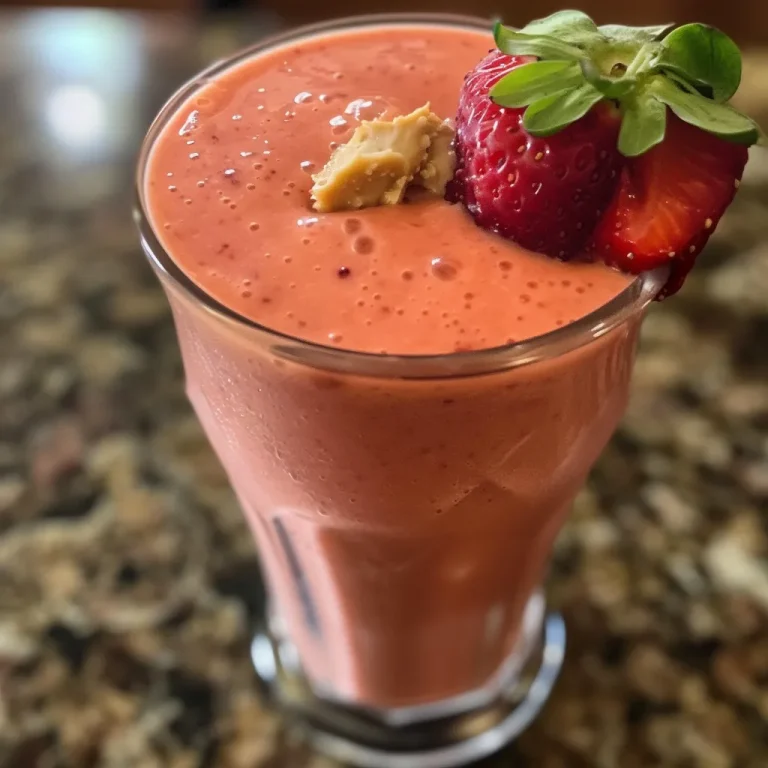 Close-up view of a vibrant strawberry mango smoothie in a clear glass.