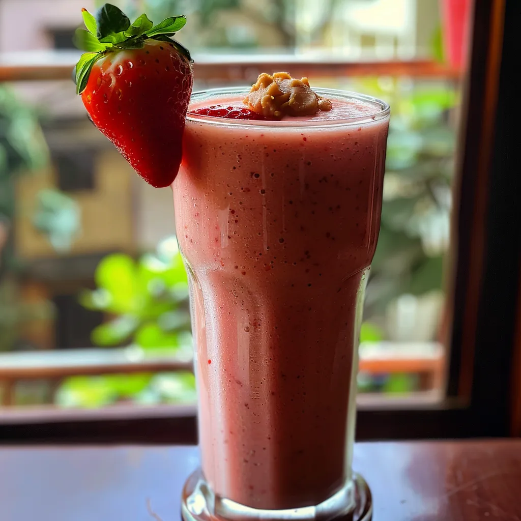 Side view of a chilled strawberry mango smoothie with a straw, showcasing its rich colors.