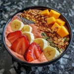 Close-up of a colorful strawberry peach mango smoothie bowl topped with fresh fruit and granola.