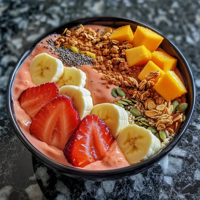 Close-up of a colorful strawberry peach mango smoothie bowl topped with fresh fruit and granola.